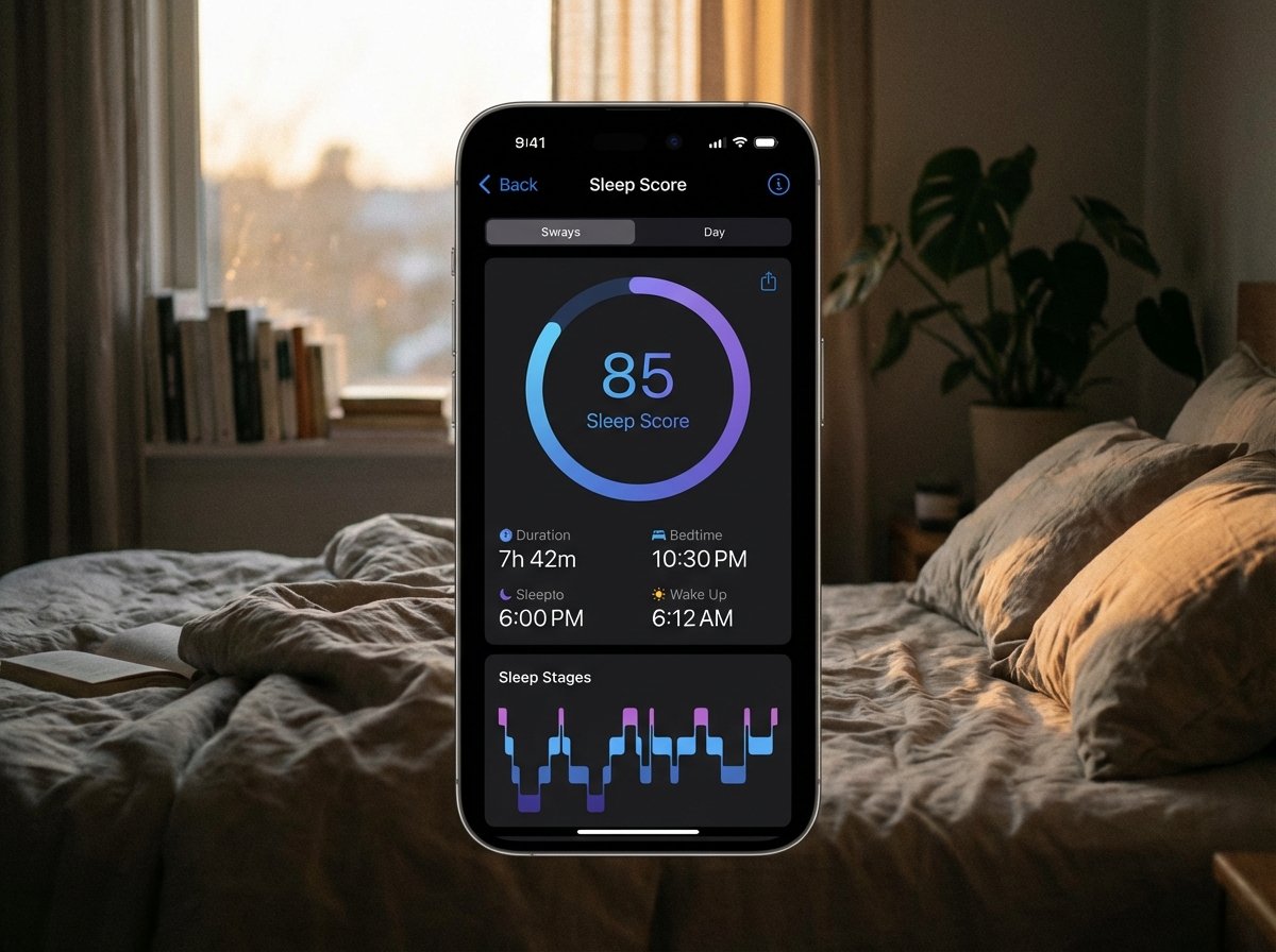 An iPhone screen displaying a detailed Sleep Score dashboard with a circular progress ring and metrics like duration and bedtime. The background shows a cozy, dimly lit bedroom at dawn. 4:3.