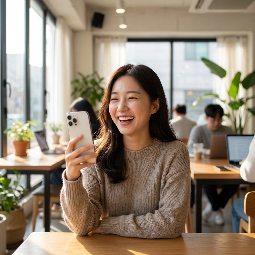 A happy Korean person in their late 20s sitting in a bright cafe, smiling while interacting with their iPhone. The overall mood is positive and tech-savvy. Soft sunlight, professional photography, 1:1.