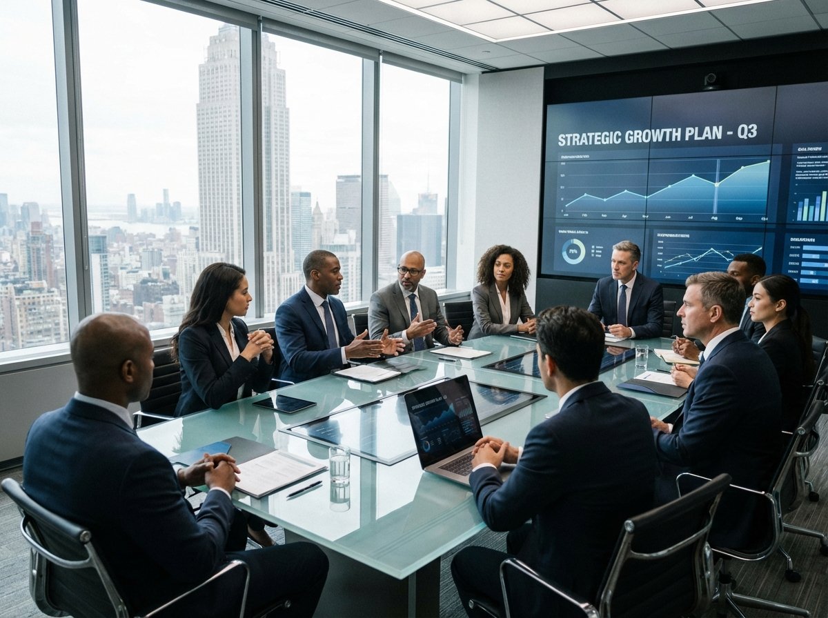A group of professional multi-ethnic executives in a high-tech modern boardroom with a large window overlooking a city skyline. They are engaged in a serious discussion, representing leadership and strategic management. Realistic photography, natural daylight, 4:3