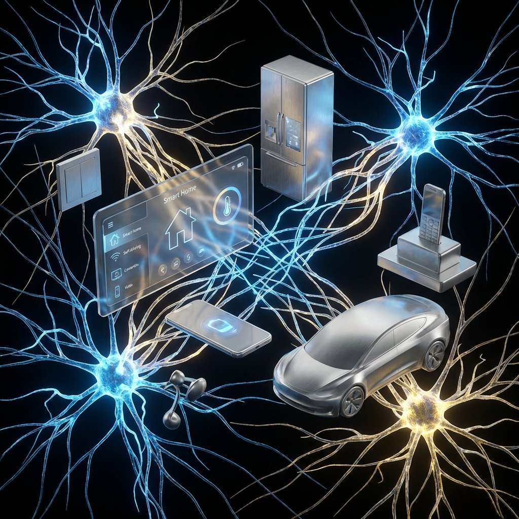 An abstract representation of artificial intelligence integrated into daily life, featuring glowing neural networks intertwined with minimalist technological elements. Clean and futuristic aesthetic, high contrast with blue and gold tones, 1:1