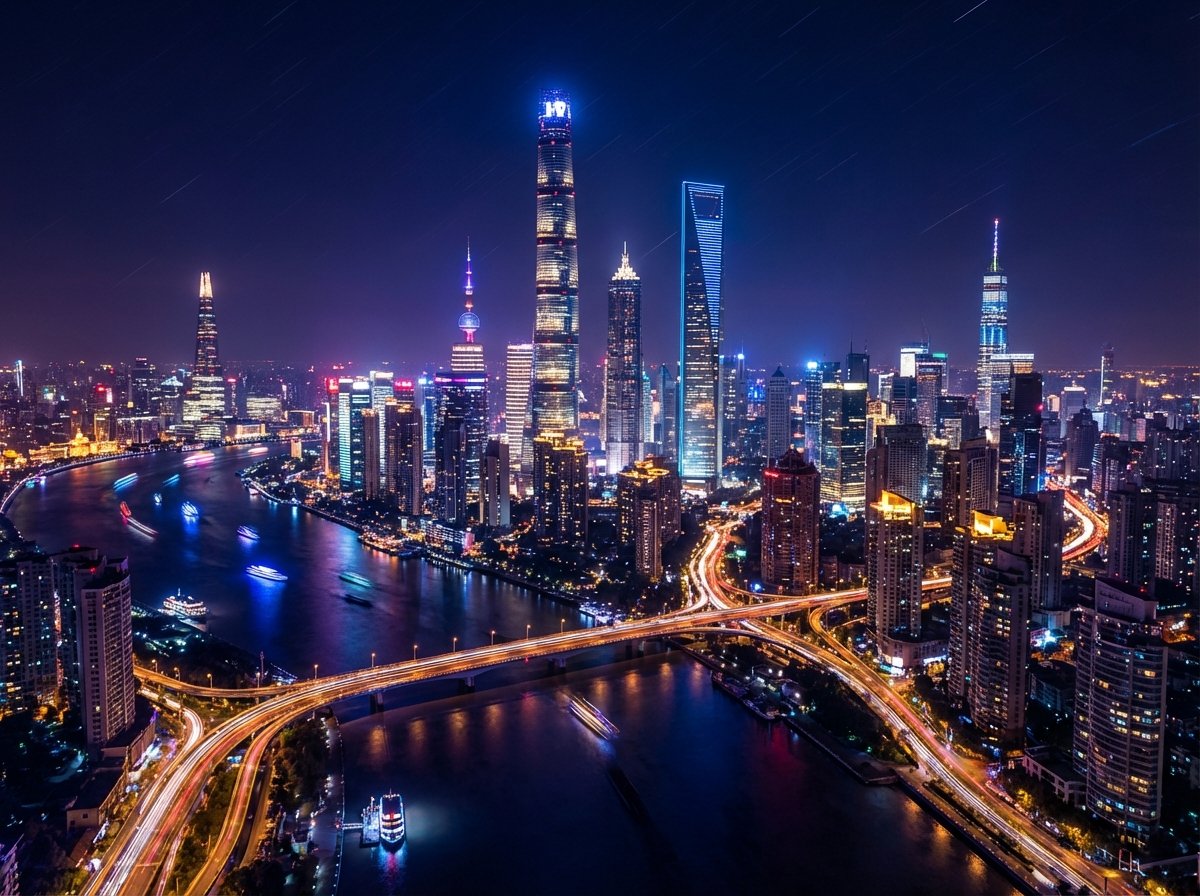 A panoramic night view of a global financial hub with skyscrapers lit up, symbolizing global economic power and corporate success. Long exposure photography with light trails, vibrant urban colors, 4:3