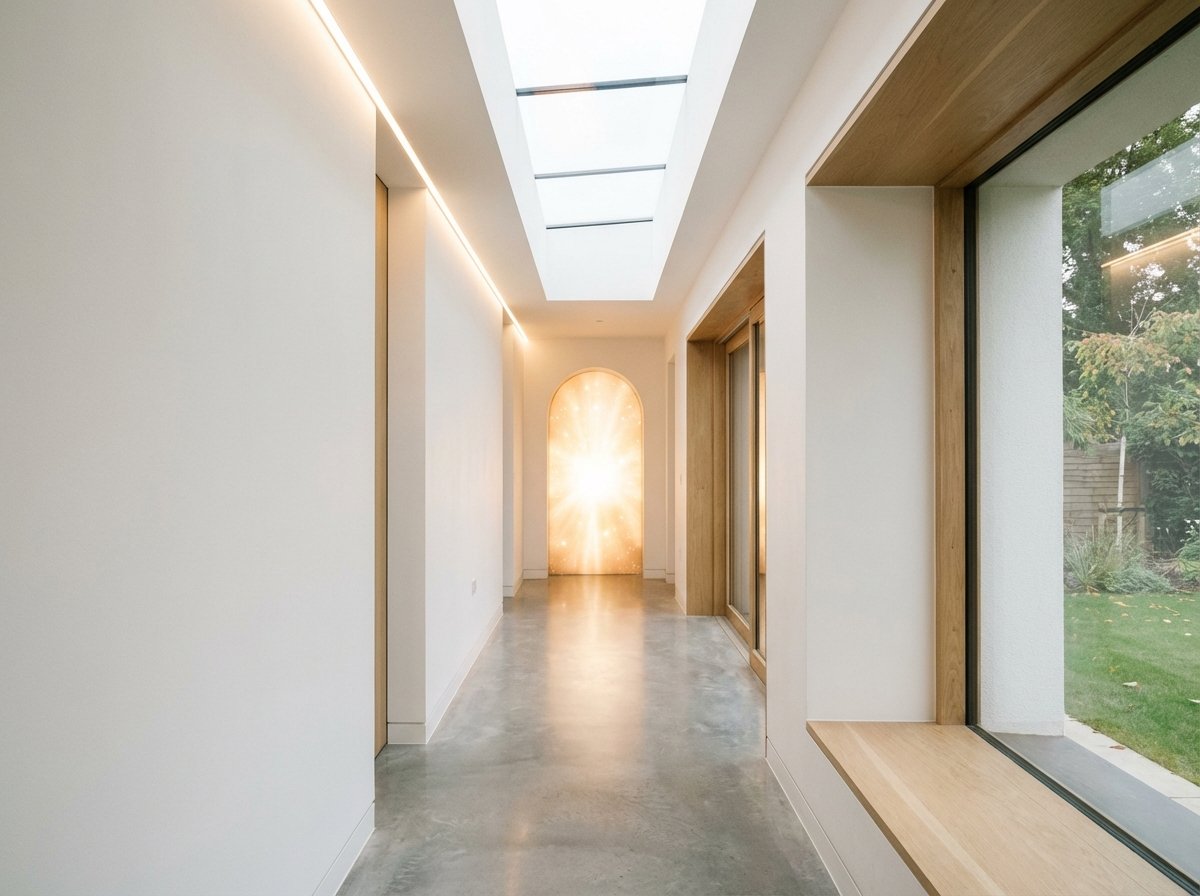A clean and bright modern corridor leading towards a glowing light at the end, symbolizing future growth and vision. Minimalist architecture, soft natural lighting, high resolution, 4:3