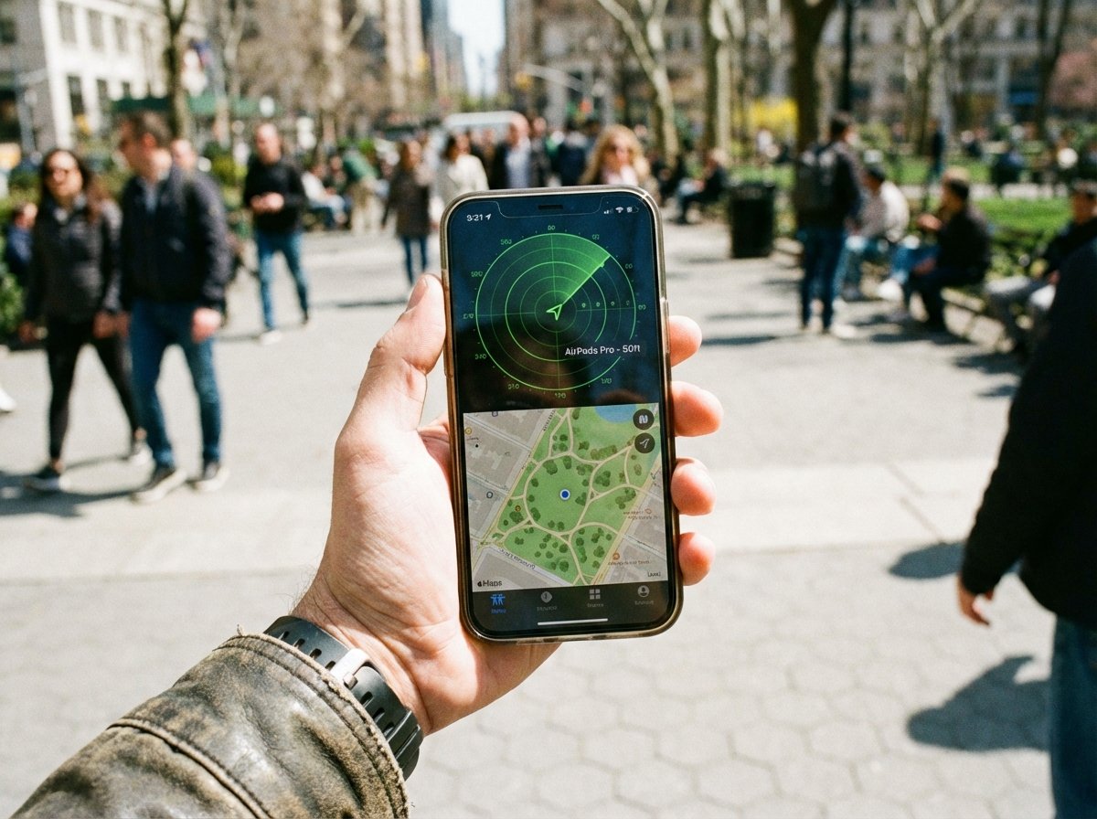 A close-up of a person holding an iPhone displaying a high-tech radar map for finding AirPods in a city park, realistic lifestyle photography, bright daylight. 4:3
