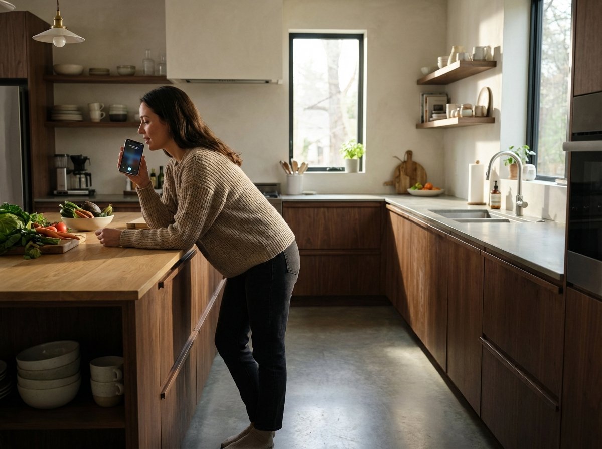 A person using an iPhone in a modern kitchen to search for a recipe via voice, natural lighting, warm atmosphere, 4:3
