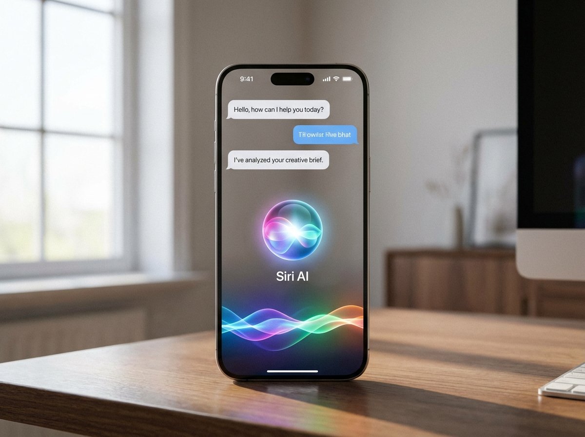 A futuristic iPhone screen displaying a sophisticated AI chatbot interface with colorful glowing waves at the bottom, a clean and minimalist Apple design aesthetic, soft natural lighting in a modern home office setting, 4:3