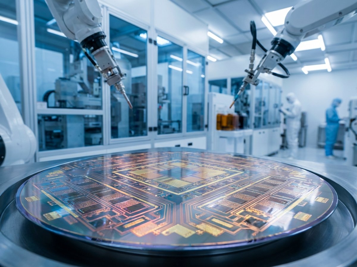 Inside a futuristic semiconductor fabrication plant, clean room environment, blue and white lighting, high-tech machinery, macro shot of a silicon wafer with intricate patterns, professional lighting, 4:3