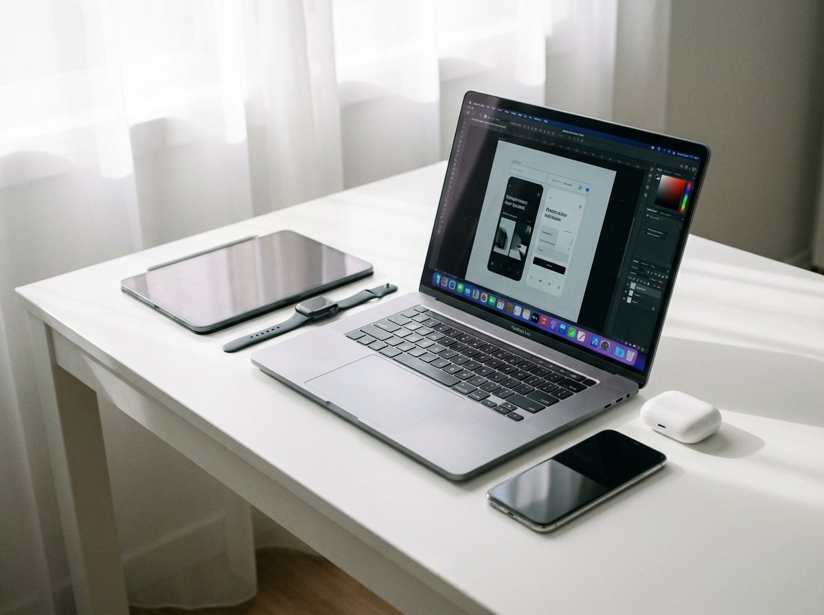 A collection of modern tech gadgets including a laptop, tablet, and smart watch on a minimalist white table, elegant lighting, soft shadows, high-end lifestyle product photography, 4:3