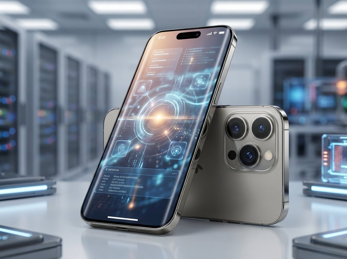 A futuristic iPhone 18 Pro with a significantly smaller and narrower Dynamic Island on a sleek OLED display, professional studio lighting, high-tech atmosphere, 4:3