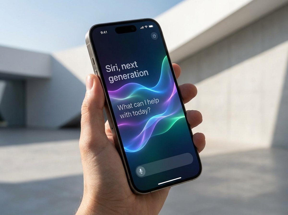 A modern iPhone showing a sophisticated AI chatbot interface with glowing waves, representing the next generation Siri, minimalist UI design, 4:3
