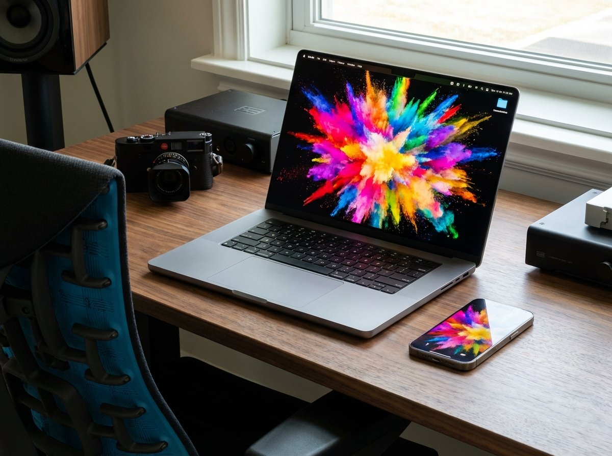 A high-end setup with a MacBook Pro featuring an OLED screen and a new iPhone, vibrant colors, sleek desk arrangement, 4:3