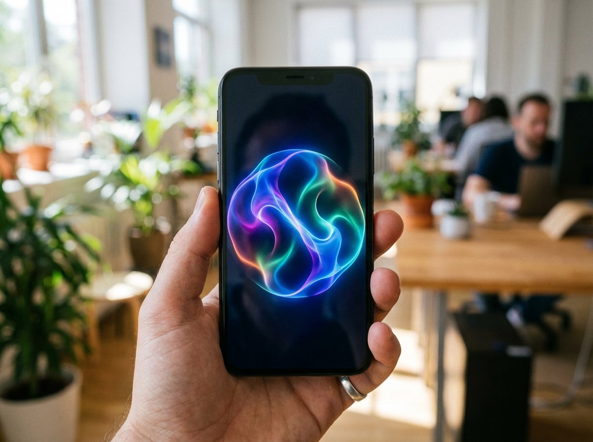Close up of a modern iPhone screen displaying a glowing and colorful Siri wave animation that looks more intelligent and fluid. The phone is held by a hand in a bright natural office setting. High quality photography with soft bokeh background. 4:3