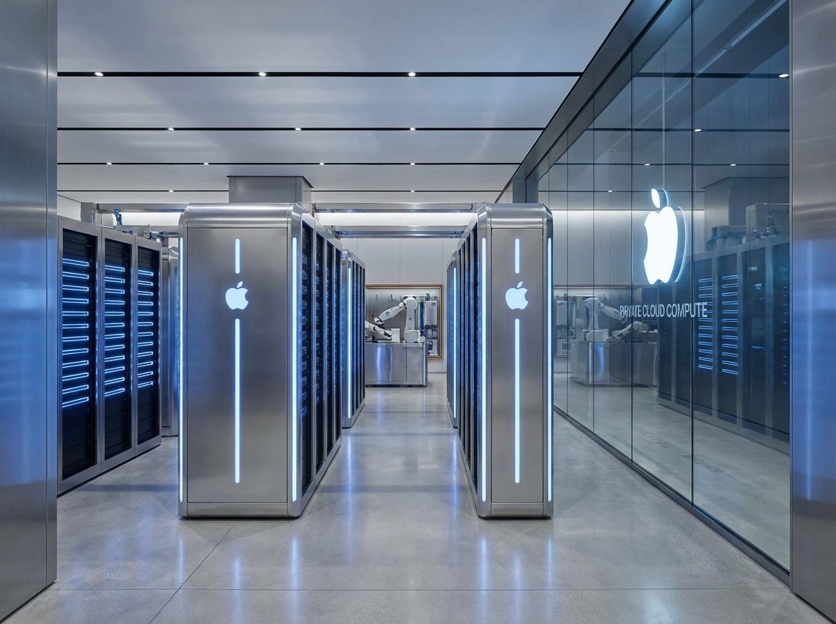 Inside a high-tech data center with rows of sleek server racks glowing with soft blue LED lights. This represents Apple's private cloud compute environment. The atmosphere is clean and futuristic with metallic textures. 4:3