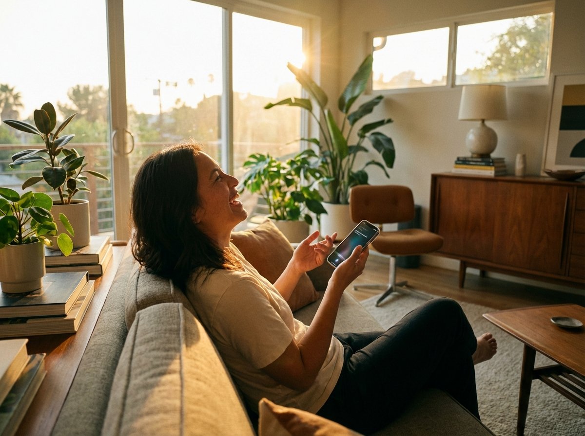 A person looking relaxed and happy while interacting with their iPhone using voice commands in a modern living room. Warm evening sunlight is streaming through the window. The focus is on the natural interaction between human and technology. 4:3