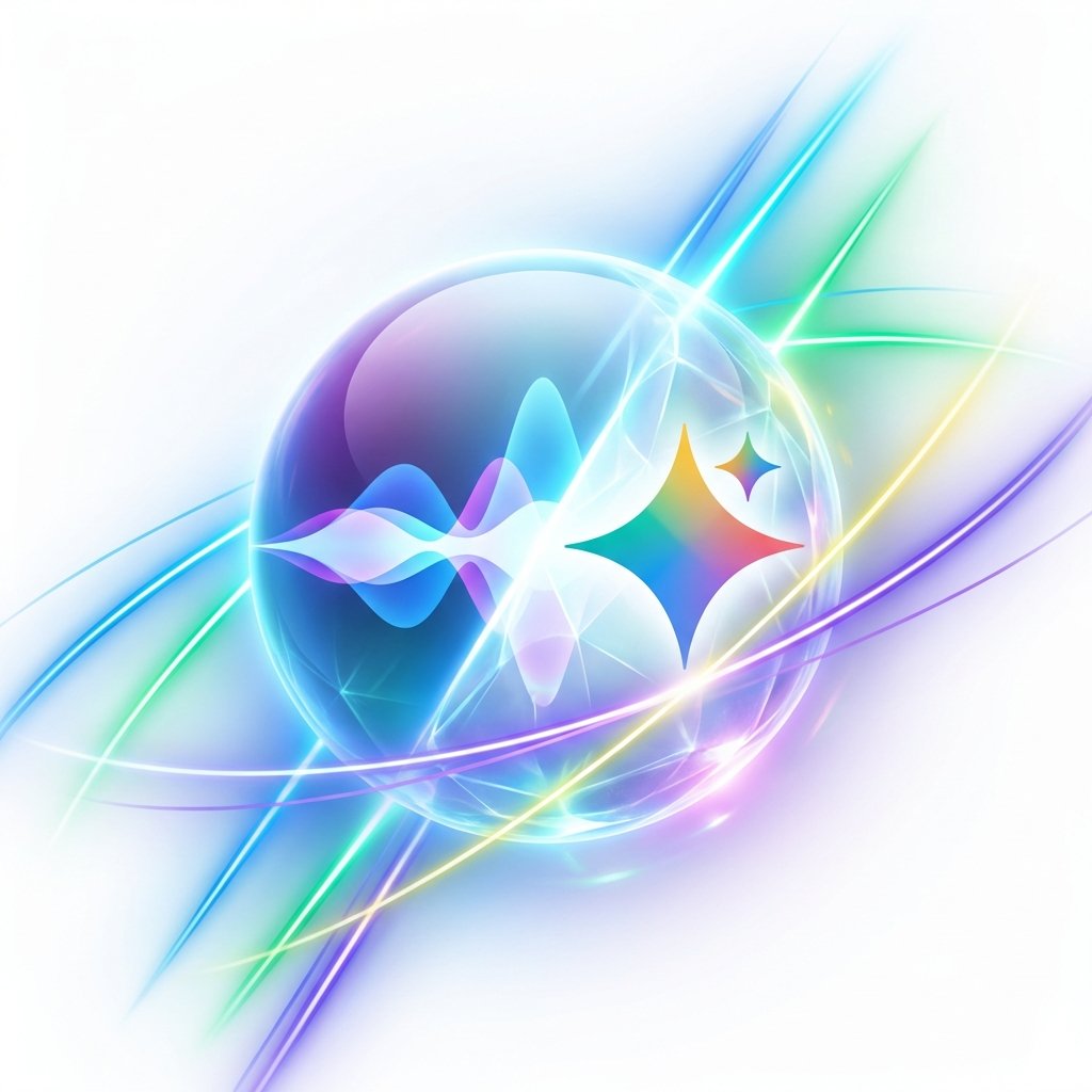 A high-tech digital art showing the fusion of Apple Siri glowing orb and Google Gemini logo with futuristic light streaks, clean white background, 1:1