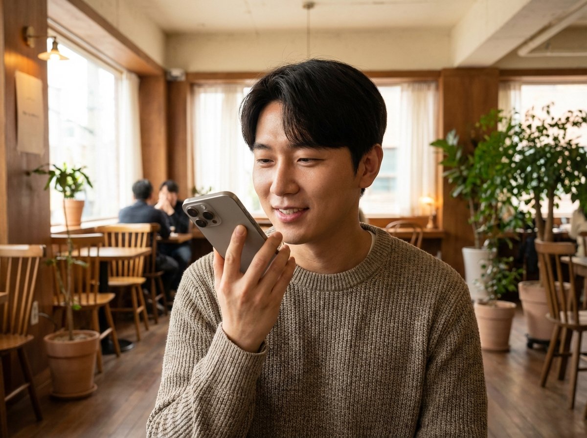 A natural lifestyle photography of a Korean man holding an iPhone 15 Pro, talking to his phone in a cozy cafe, warm lighting, natural setting, 4:3