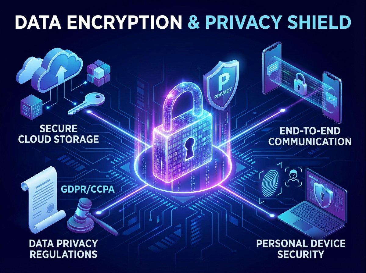 A modern layout infographic showing data encryption and privacy concept, high contrast blue and purple tones, visually rich, 4:3