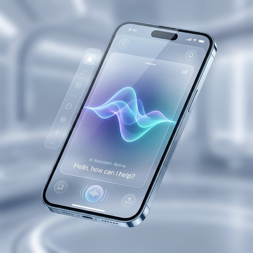 A clean and modern visualization of a smartphone screen showing an advanced AI assistant wave, futuristic and intuitive UI design, 1:1