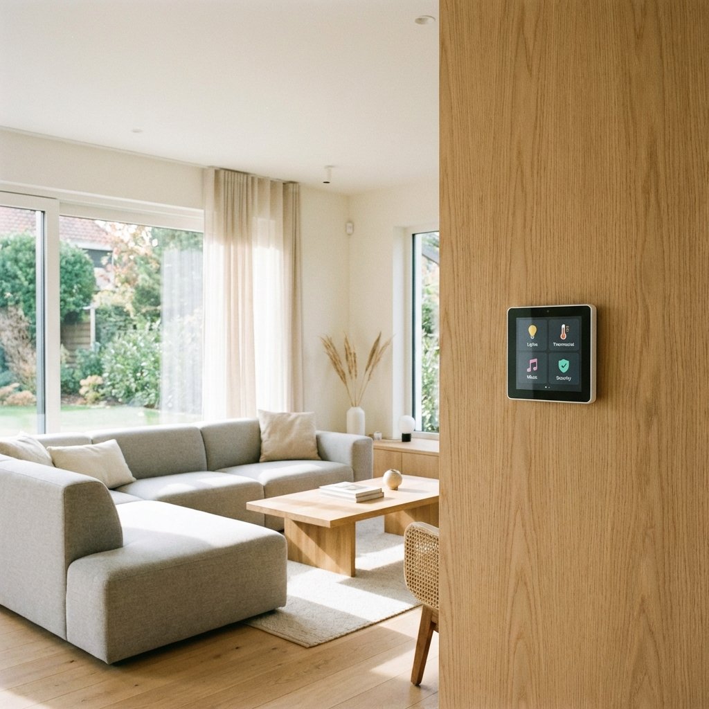 Modern living room interior with a small square touch screen device mounted on a wall, smart home interface displayed, clean and bright atmosphere, 1:1
