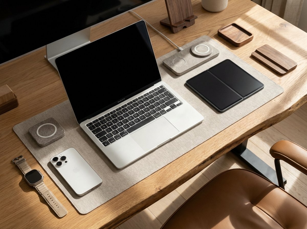 High angle view of an organized desk with a laptop, tablet, phone, and watch, minimalist style, natural textures, 2026 Apple 신제품, 4:3