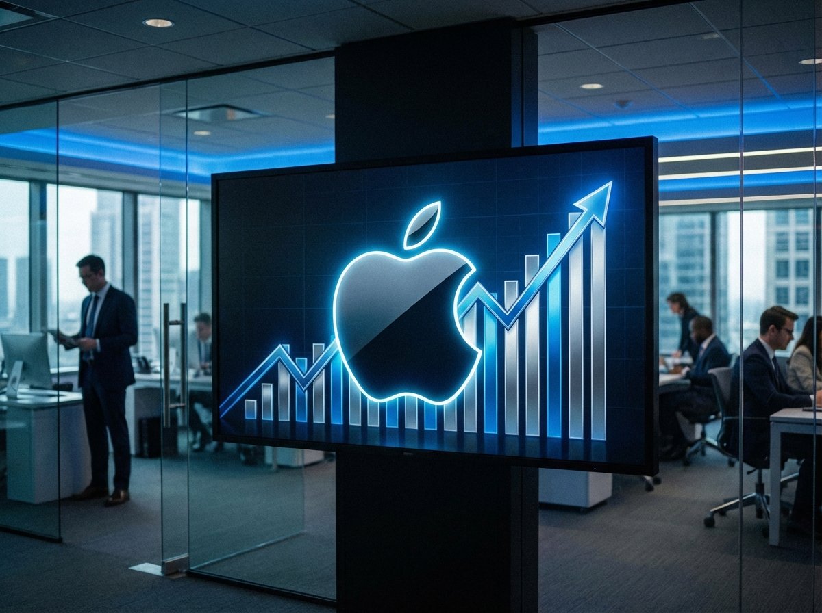 A sleek Apple logo displayed on a digital screen with a glowing financial growth chart in the background, professional business atmosphere, blue and silver tones, 4:3