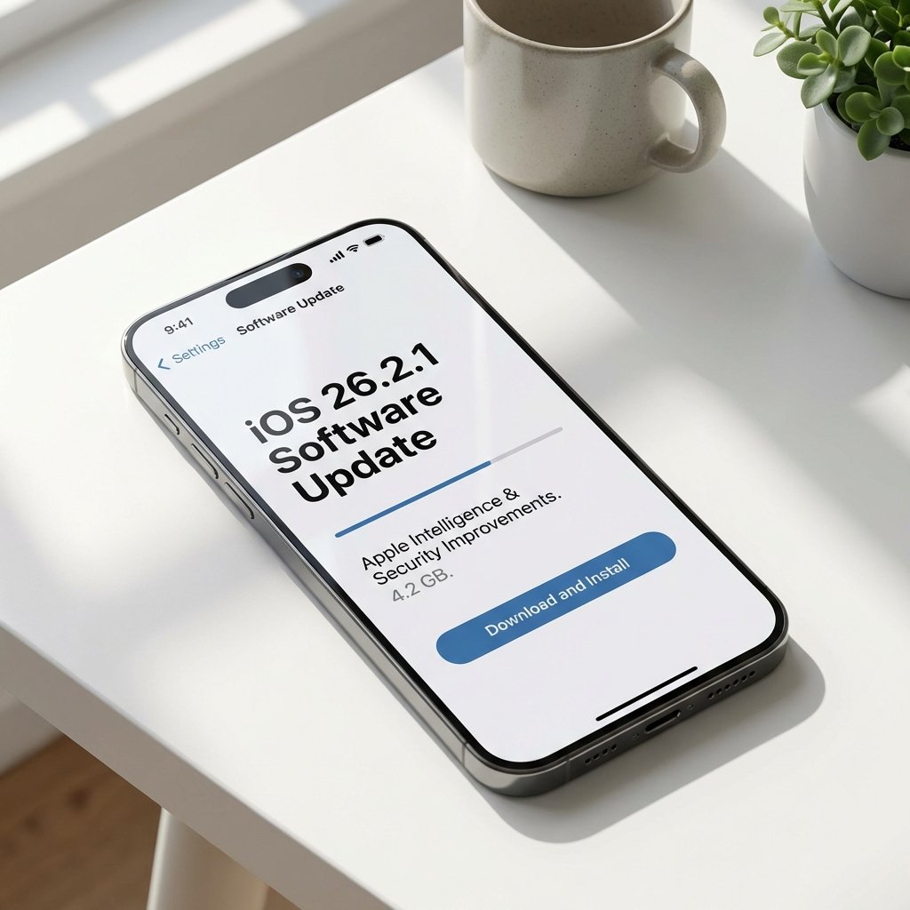 Modern iPhone 17 screen displaying iOS 26.2.1 software update settings page, clean tech aesthetic, 1:1