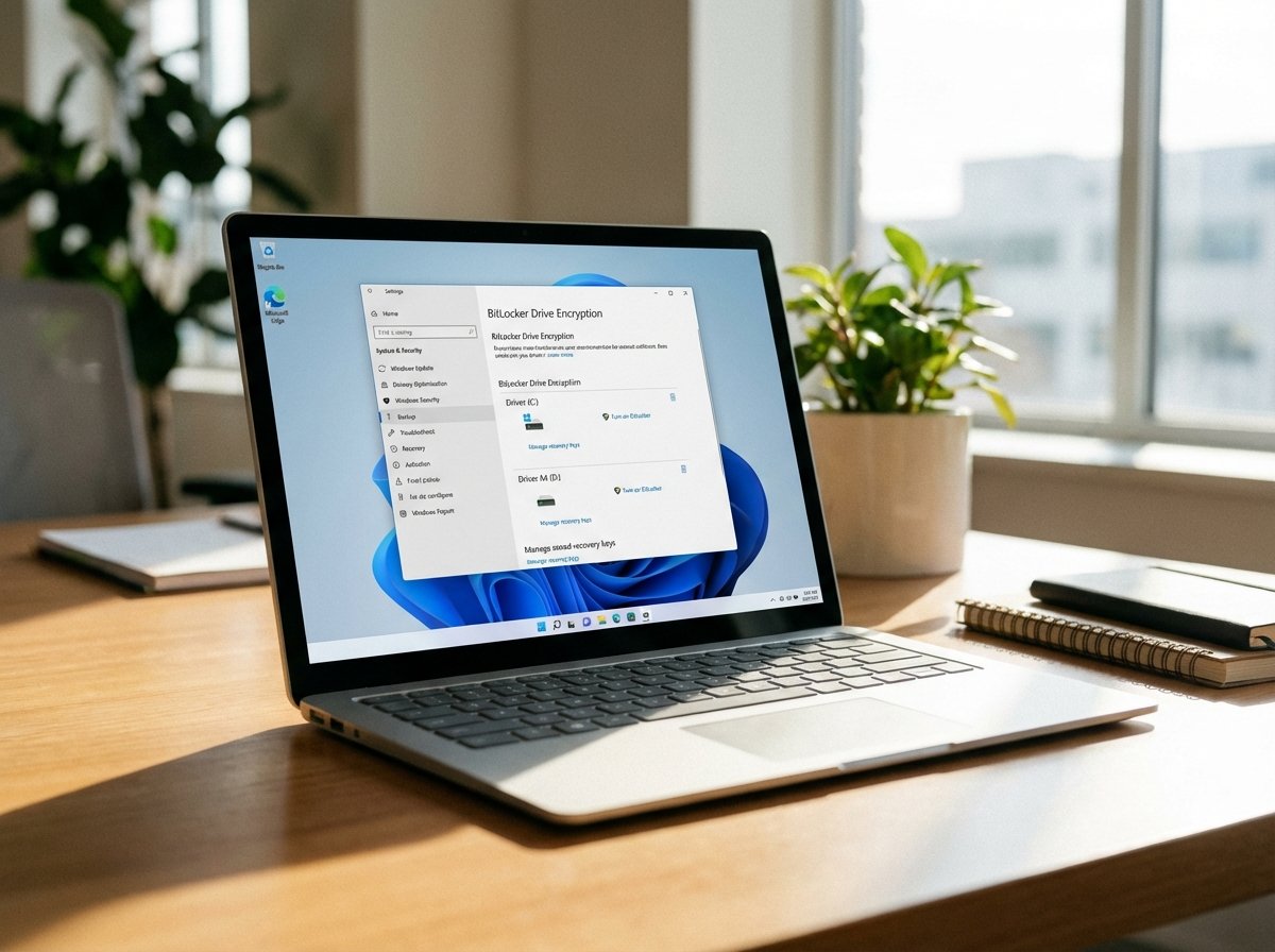 A high-resolution photo of a Windows laptop screen showing the BitLocker Drive Encryption settings menu. The background is a clean office environment with soft natural lighting. Realistic photography. 4:3 aspect ratio.