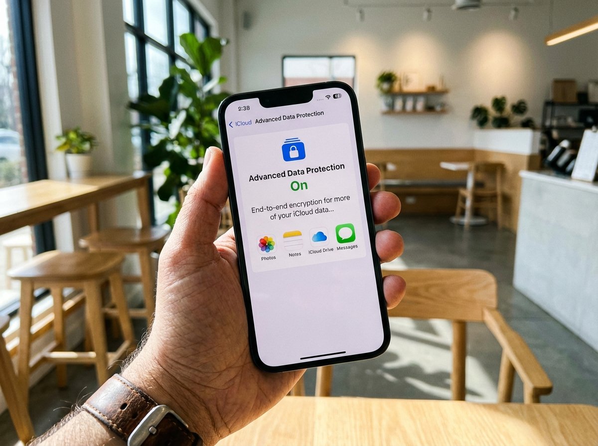 A close-up shot of an iPhone screen displaying the Advanced Data Protection settings under the iCloud menu. The phone is held by a hand in a bright modern setting. Natural textures and realistic lighting. 4:3 aspect ratio.