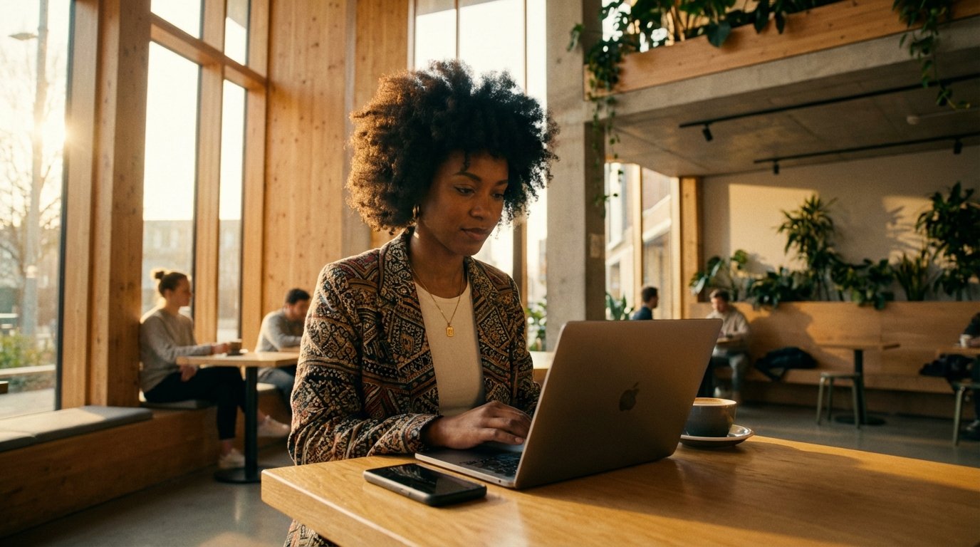 A diverse person sitting in a modern cafe, focused on working on a laptop while a smartphone lies nearby. The atmosphere is calm and secure. Cinematic lighting with warm tones. Realistic lifestyle photography. 16:9 aspect ratio.