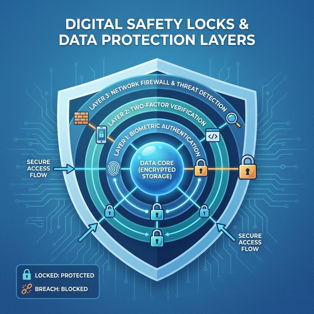 A clean infographic showing digital safety locks and data protection layers on a blue textured background, 1:1