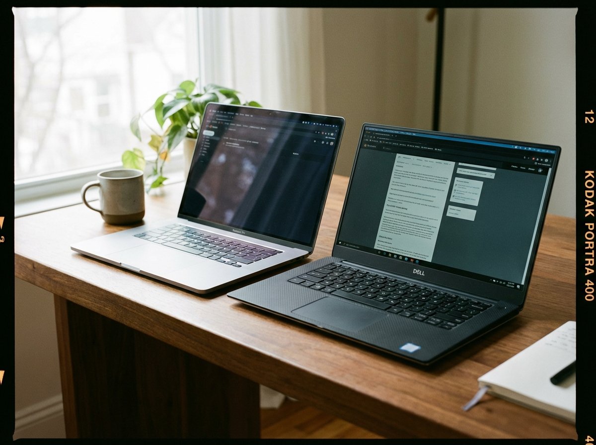 Two high-end modern laptops open on a wooden desk side by side, one is a sleek silver laptop and the other is a dark professional laptop, soft natural morning light from a window, high quality photography, 4:3