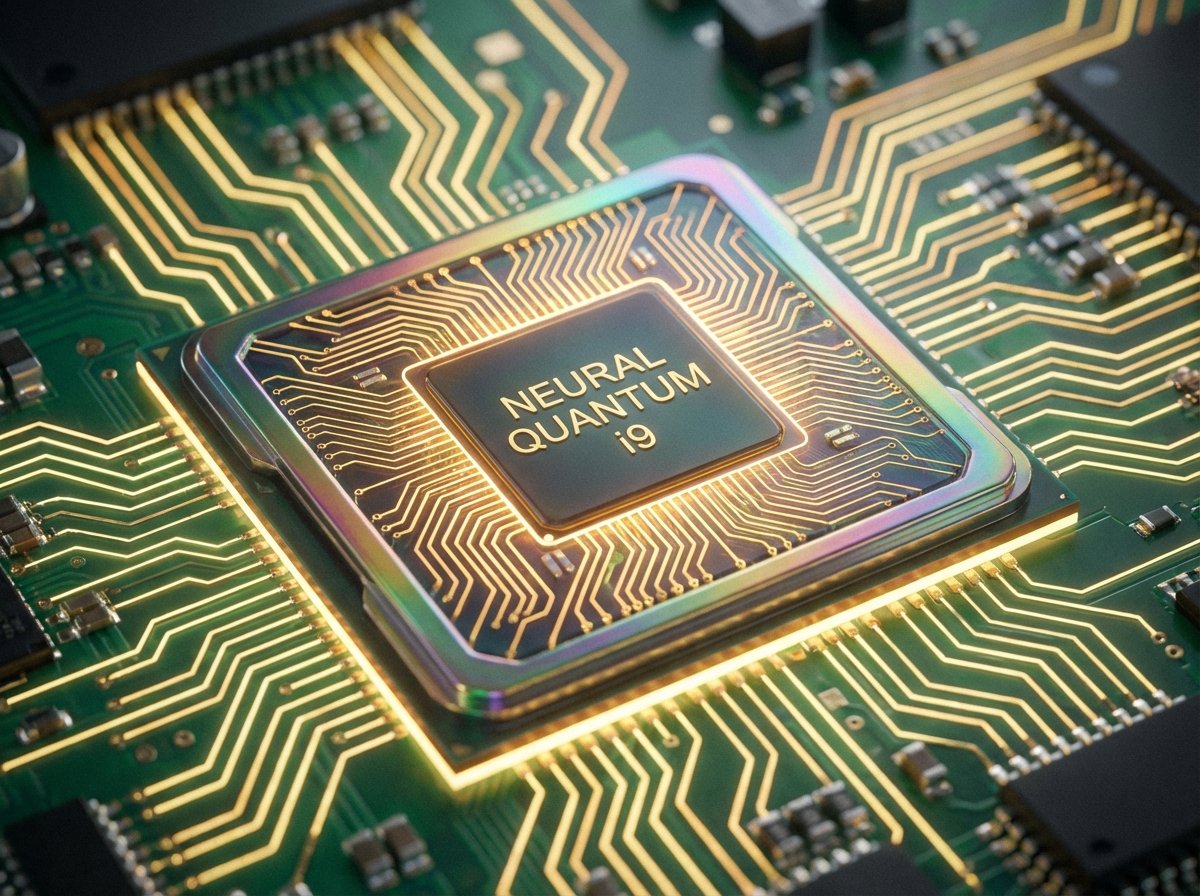 Close-up macro shot of a sophisticated computer processor chip on a motherboard, golden circuit lines glowing slightly, professional tech lighting, shallow depth of field, 4:3