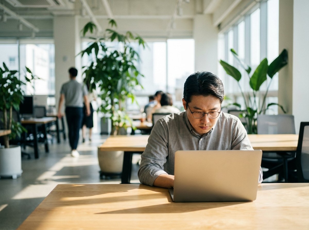 A Korean male professional working intently on a laptop in a modern brightly lit office, blurred background with green plants, realistic lifestyle photography, 4:3