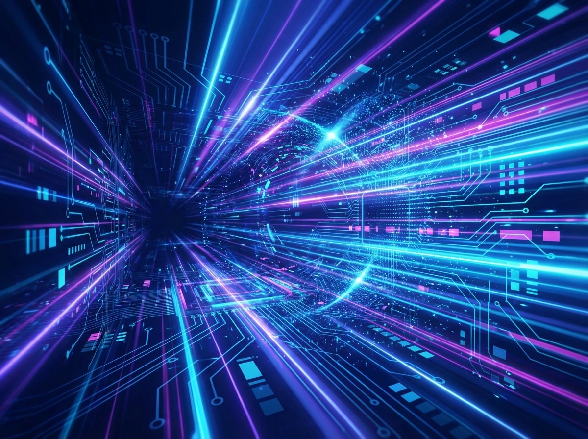 Abstract digital background representing high speed data and computer processing power, glowing blue and violet lines, modern tech aesthetic, 4:3