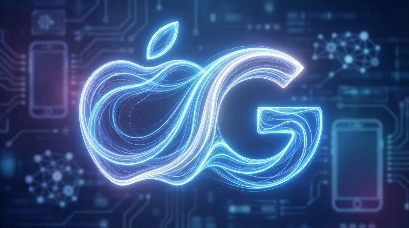 A sleek and modern visual representation of Apple and Google logos merging together in a glowing blue and white energy field. High-tech digital background with subtle iPhone and AI neural network motifs. No text, professional lighting, Apple Siri theme. 16:9