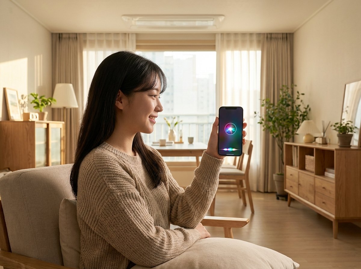 A realistic lifestyle photography of a Korean person comfortably holding an iPhone and talking to the digital assistant. Soft sunlight coming through a window, a modern home interior. The iPhone screen shows a glowing colorful Siri wave animation. Apple Siri theme. 4:3