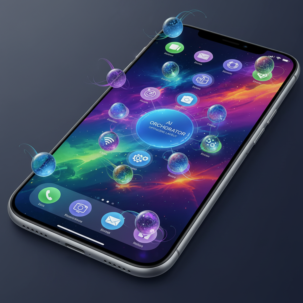 A futuristic iPhone showing a home screen where app icons are glowing and slightly shifting positions as if being rearranged by AI, dynamic and sleek interface design, colorful background, 4:3