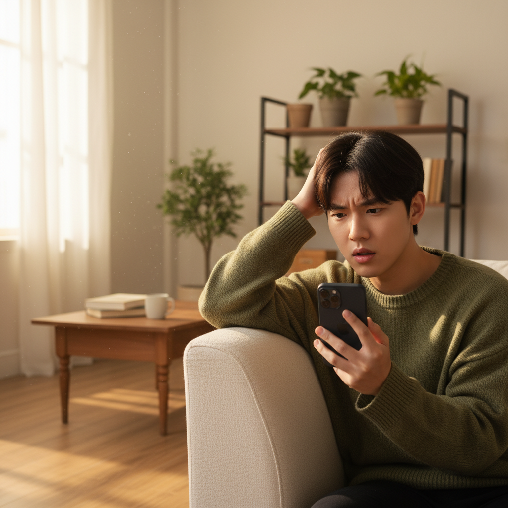 아이폰 홈화면을 보며 고민에 빠진 사용자