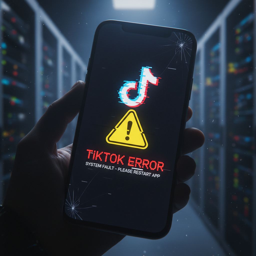 A smartphone screen displaying a TikTok logo with a digital glitch effect and a warning triangle icon, cinematic lighting, TikTok Error theme, 4:3