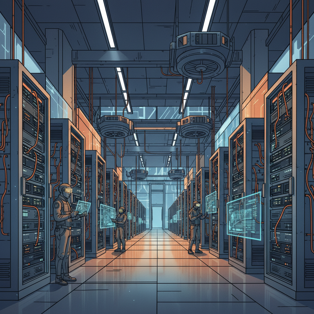 푸른 빛이 감도는 현대적인 데이터 센터 내부 전경