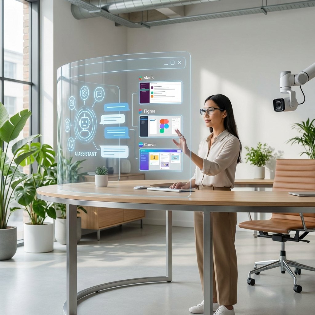 A modern high-tech workspace where a person is using a futuristic computer interface. The screen shows a chatbot interface seamlessly integrated with icons of Slack, Figma, and Canva. Bright and clean aesthetic, professional atmosphere, 1:1