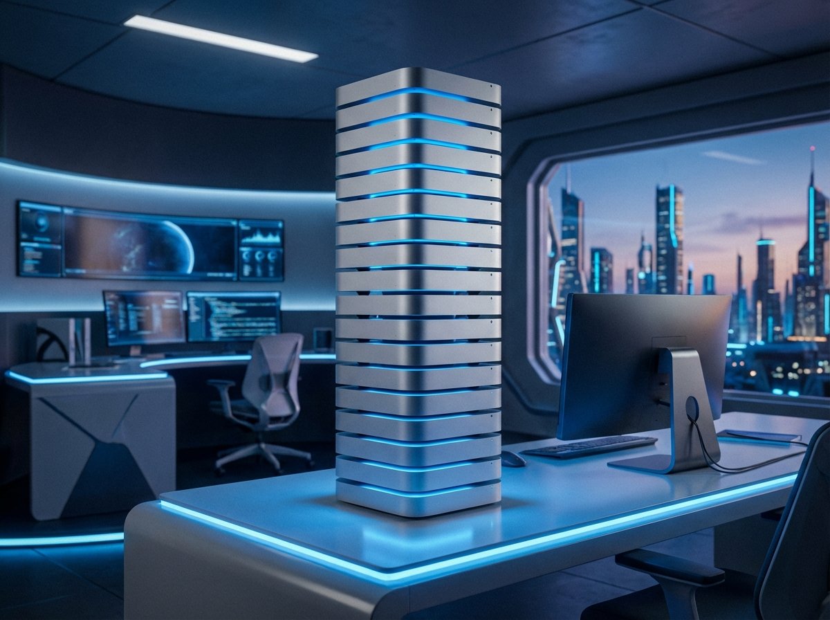 A stack of many silver Mac mini computers arranged neatly on a modern desk, glowing blue led lights in a futuristic office setting, high quality photography, cinematic lighting, 4:3