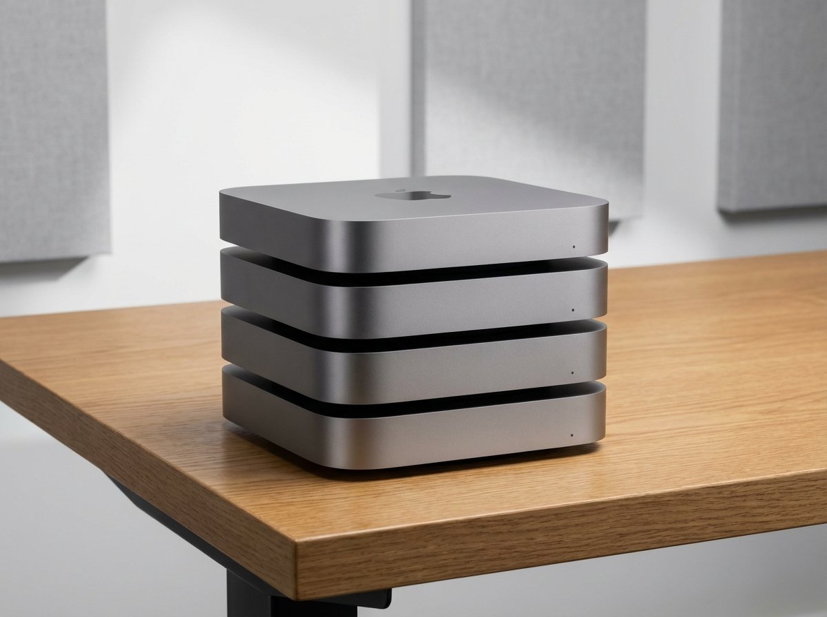 A stack of four modern Mac mini M4 computers on a sleek wooden desk, minimalist aluminum design, professional studio lighting, high resolution, no text, 4:3