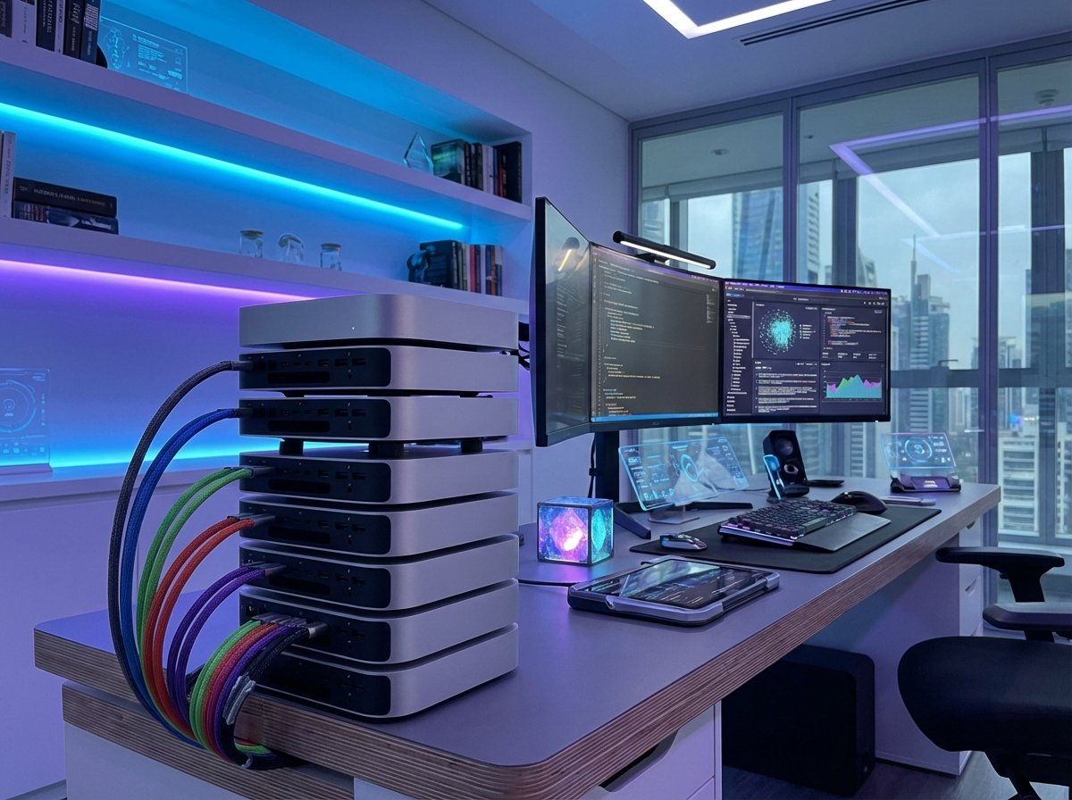 A high-tech professional workstation with several Mac mini units stacked neatly on a desk, ambient LED lighting in the background, organized cables, futuristic technology atmosphere, 4:3