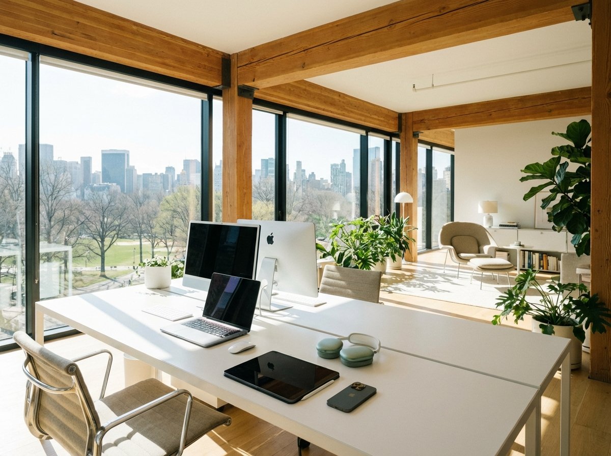 A wide shot of a modern clean office with various Apple products on a white desk, bright and airy atmosphere, high-end lifestyle photography, 4:3