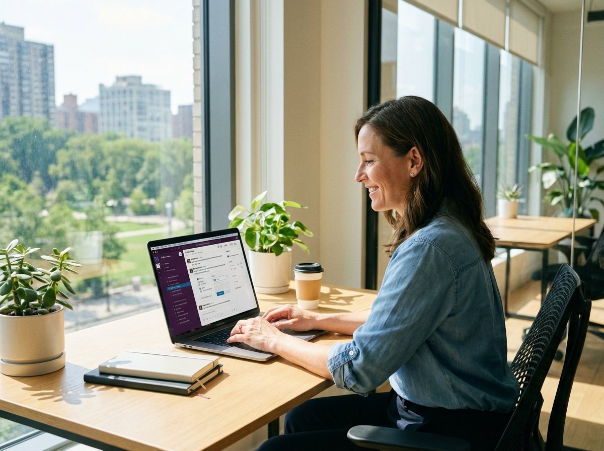A professional person sitting at a modern desk with a laptop. The screen shows a sophisticated AI interface with integrated Slack and Figma windows. Realistic photography with natural lighting in a bright office environment. 4:3
