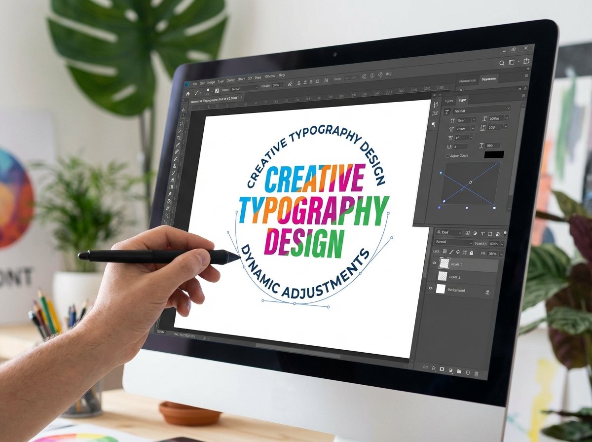 Creative typography design in Photoshop where text is curved into a circular shape around a central logo. The interface shows dynamic text handles being adjusted. Modern graphic design style with vibrant colors. 4:3