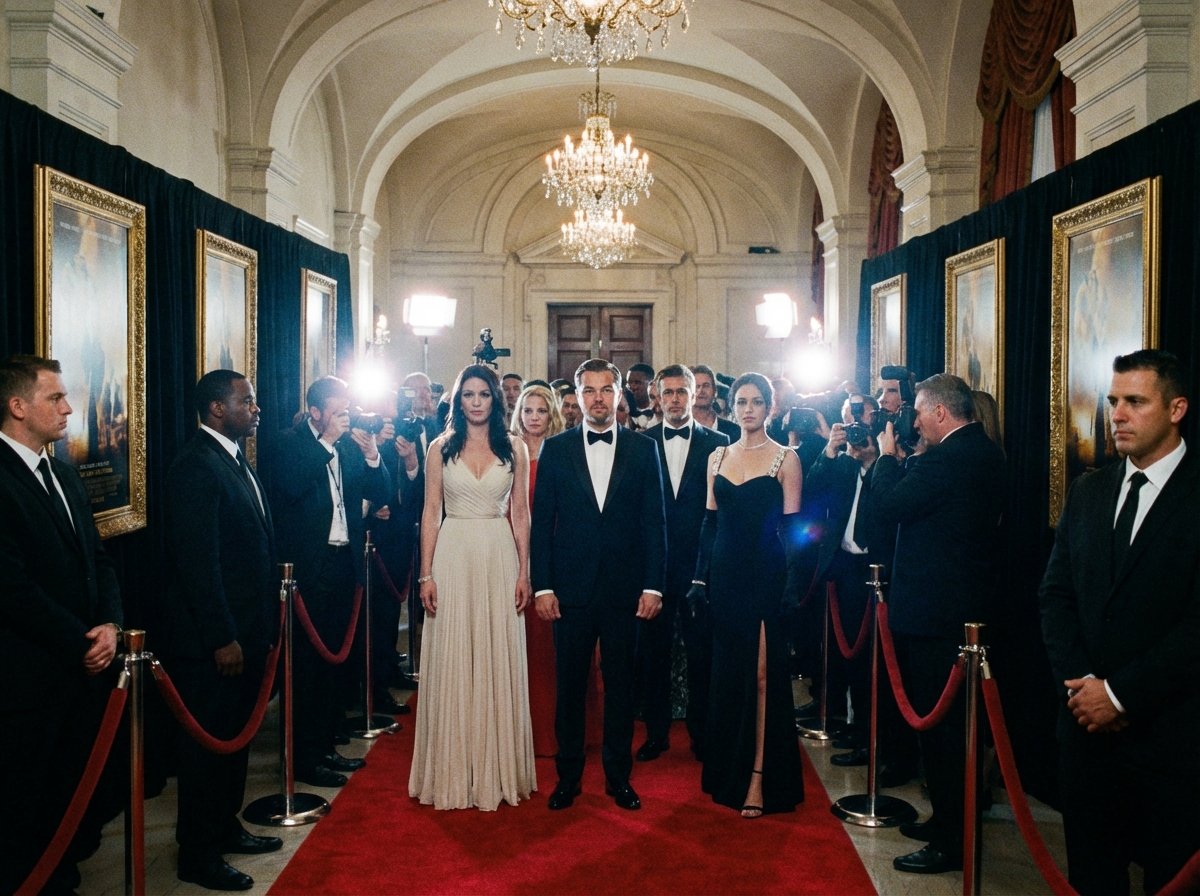 A luxurious and crowded red carpet movie premiere event inside a grand hall, flashing cameras, elegant but tense atmosphere, high-end cinematography style, 4:3