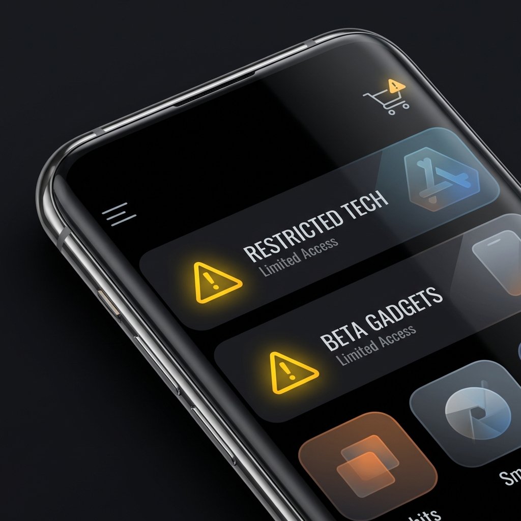 A close-up of a high-end smartphone screen showing a digital store interface with caution symbols, clean UI design, modern tech aesthetic, 1:1