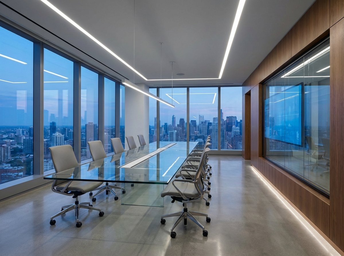 A modern minimalist corporate boardroom with a large glass table, city skyline visible through windows, professional and futuristic atmosphere, 4:3