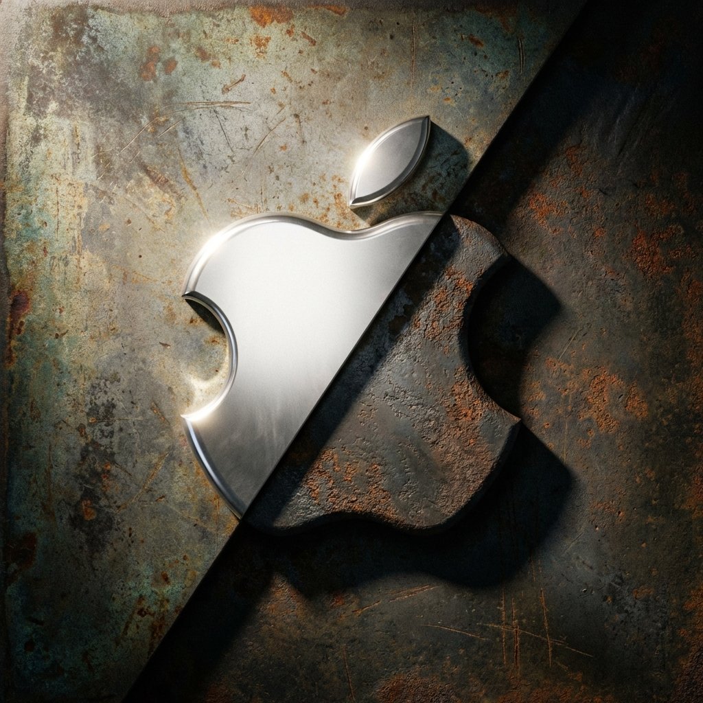 A creative interpretation of the Apple logo with one side in bright light and the other in deep shadow, textured metallic background, artistic and symbolic, 1:1
